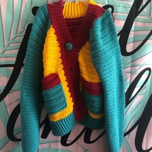 Retro Themed Colorblock Crochet Cardigan